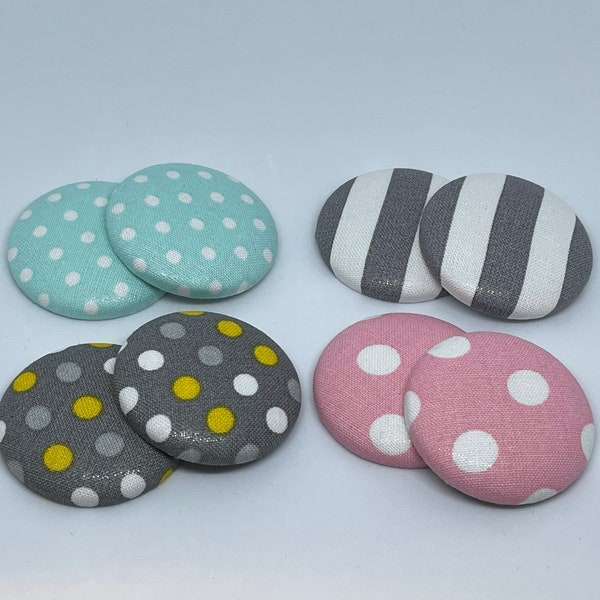 Fabric Covered Button Earrings, Aqua, Grey, Stripes, Yellow, Polka Dots