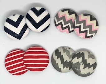 Fabric Covered Button Earrings: Chevron & Wave Print, Nickel Free
