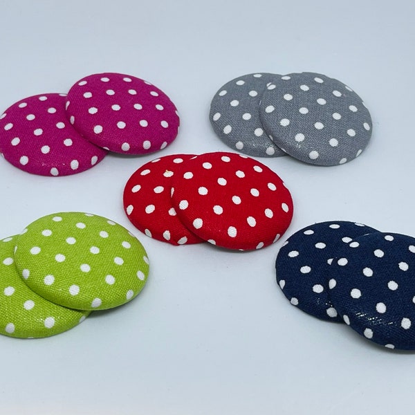 Fabric Covered Button Earrings, Magenta, Green, Grey, Red, Navy Blue, Polka Dots