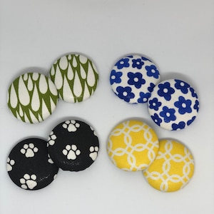 Fabric Covered Print Button Earrings, Nickel Free Post, Black, Yellow, Blue Flowers, Drops, Paw Print