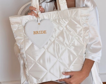 Wedding Luxury Elegant Bag, Bachelorette weekend present, Honeymoon bridal bag, White satin tote, Brides Essentials Bag, Makeup elegant tote