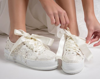 Wedding platform sneakers, Platform flats in Lace, Bridal platform shoes, Pearl decorated flats, White laces shoes, Comfort flats for brides