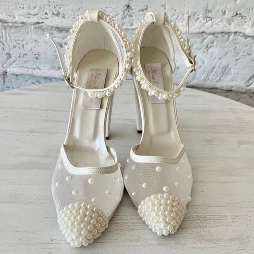 Pearl Ivory Wedding Shoes, Comfort Block Heels, Elegant Bridal shoes, Pearl shops Decorated Shoes, Sheer Bridal heels, Hand Décor Wedding shoes