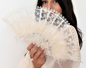 Ivory Bridal Feather Fan: Wedding Lace Hand Fan