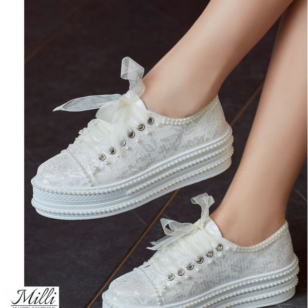 Wedding platform sneakers shoes for bride / Bridal lace platform sneakers decoraded with pearls / White organza ribbon laces flats for bride