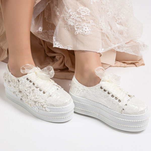 Wedding high platform sneakers shoes, Bridal lace sneakers, Lace and Pearls Converse, Comfort Platforms with Organza Ribbon Laces for Brides