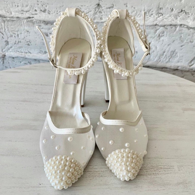 pearl block heel wedding shoes