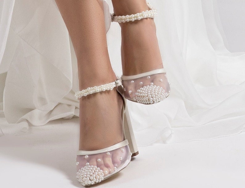 Pearl Ivory Wedding Shoes, Comfort Block Heels, Elegant Bridal shoes, Pearl shops Decorated Shoes, Sheer Bridal heels, Hand Décor Wedding shoes