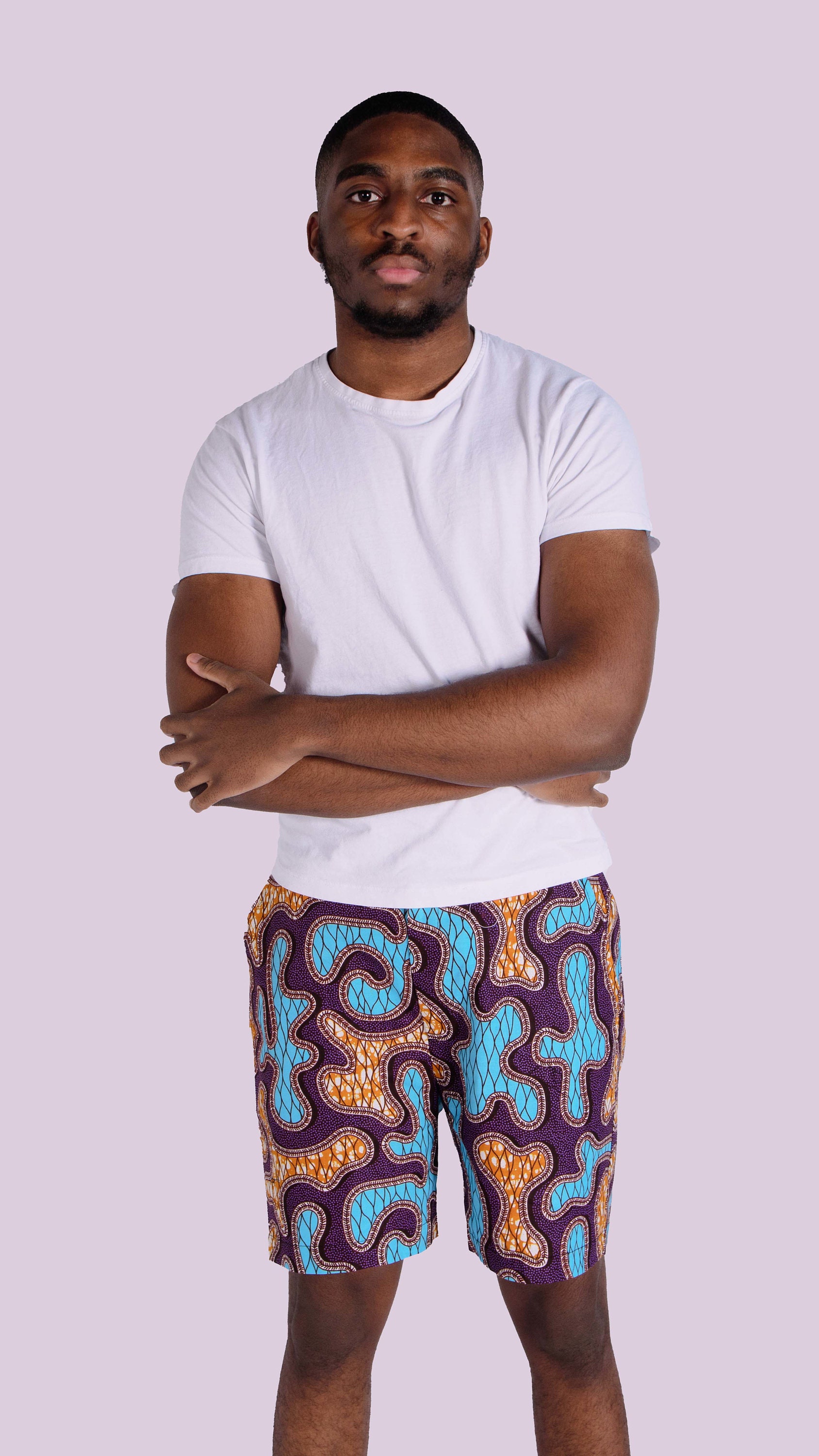 Festival Tropical Co-ord Blue Lake Volta Exotic Holiday Beachwear Casual Men’s Ankara Shorts with a Wax Print Clothing Gender-Neutral Adult Clothing Shorts Colourful 