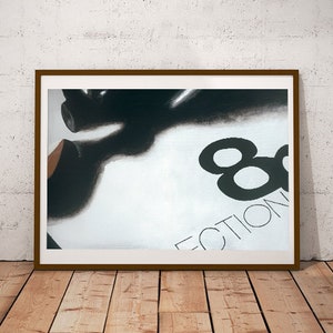 May include: A black and white abstract painting with the word "FECTION" and the number "88" in the lower right corner.