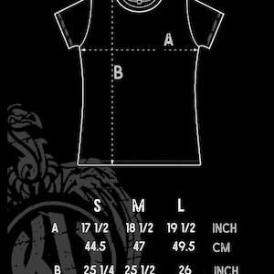 May include: A size chart for a women's t-shirt with measurements in inches and centimeters. The chart shows the measurements for the bust and length of the shirt in sizes S, M, and L.