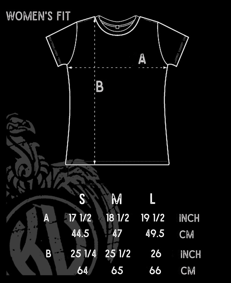 May include: A size chart for a women's t-shirt with measurements in inches and centimeters. The chart shows the measurements for the bust and length of the shirt in sizes S, M, and L.