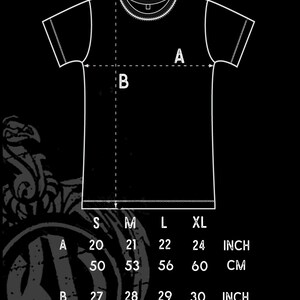 May include: Unisex t-shirt size chart with measurements in inches and centimeters. The chart shows the measurements for the chest (A) and length (B) of the shirt in sizes S, M, L, and XL.