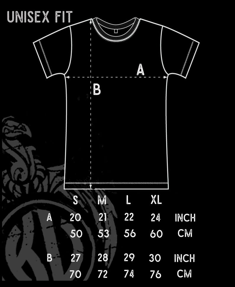 May include: Unisex t-shirt size chart with measurements in inches and centimeters. The chart shows the measurements for the chest (A) and length (B) of the shirt in sizes S, M, L, and XL.