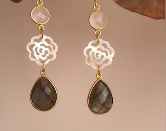 Boucles HALA nacre quartz et labradorite