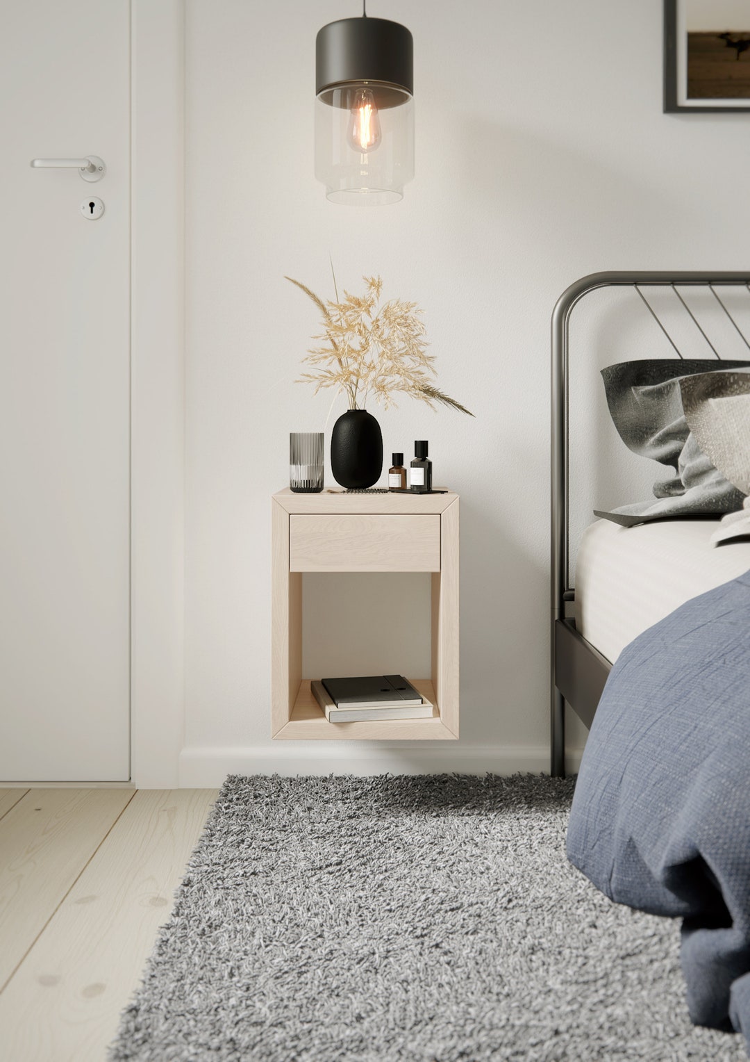 White Floating Nightstand With Drawer Set of 2 Nightstand Etsy