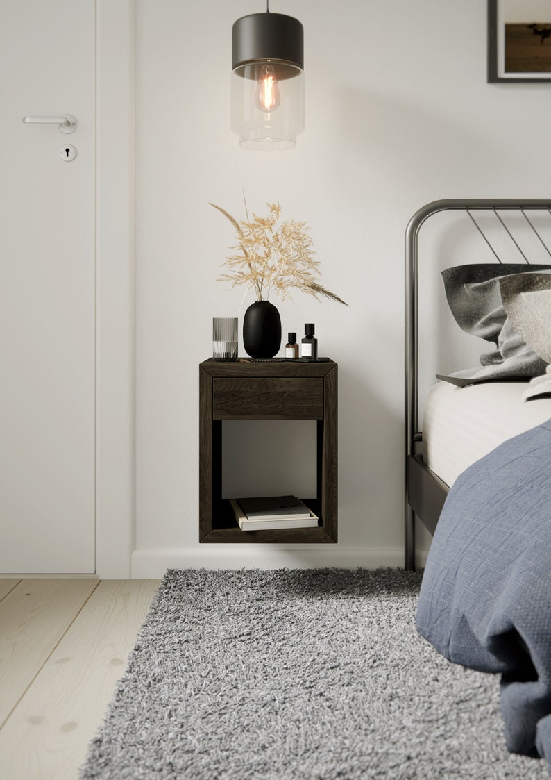 Black Floating Nightstand With Drawer Set of 2 Nightstand Etsy