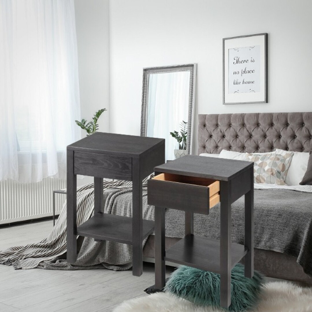 Solid Wood Nightstand Set of 2, Wooden Bedside Table, Beech Nightstand