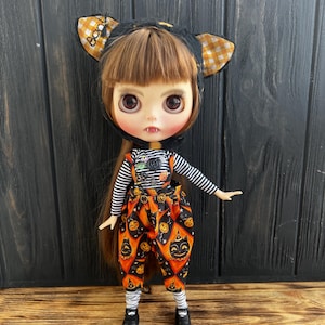 Blythe clothes, Halloween Blythe clothes, Blythe outfit, cat hat for Blythe, Blythe Halloween clothes, Blythe dress, Blythe pants, pumpkin