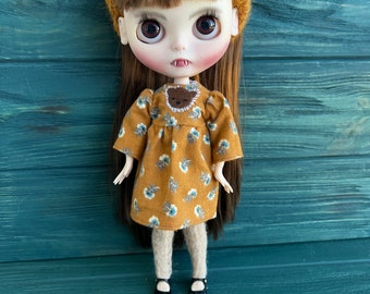 Blythe set of clothes, fall Blythe dress, blythe outfit, blythe clothes, flannel dress, custom blythe, blythe custom doll dress