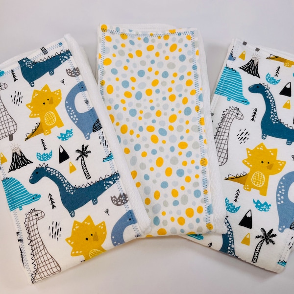 Dinosaur Baby Burp Cloths, Baby Boy Set of 3, Flannel Cloth Diaper Burp Rags, Blue/Yellow Dinosaurs and Polka Dots