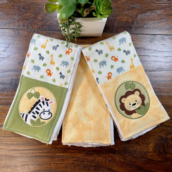 Animal Burp Cloth, Safari Nursery Decor, Lion Cloth Diaper Burp, Personalized Baby Shower Gift, Zebra Spit Towel, Soft Baby Boy Face Wipe