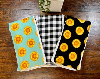 Sunflower Cloth Diaper Burps, Baby Girl Burp Cloth Set, Floral Face Wipe, Gingham Burp Rags, Wildflower Nursery Accessory, Summer Burp Rag