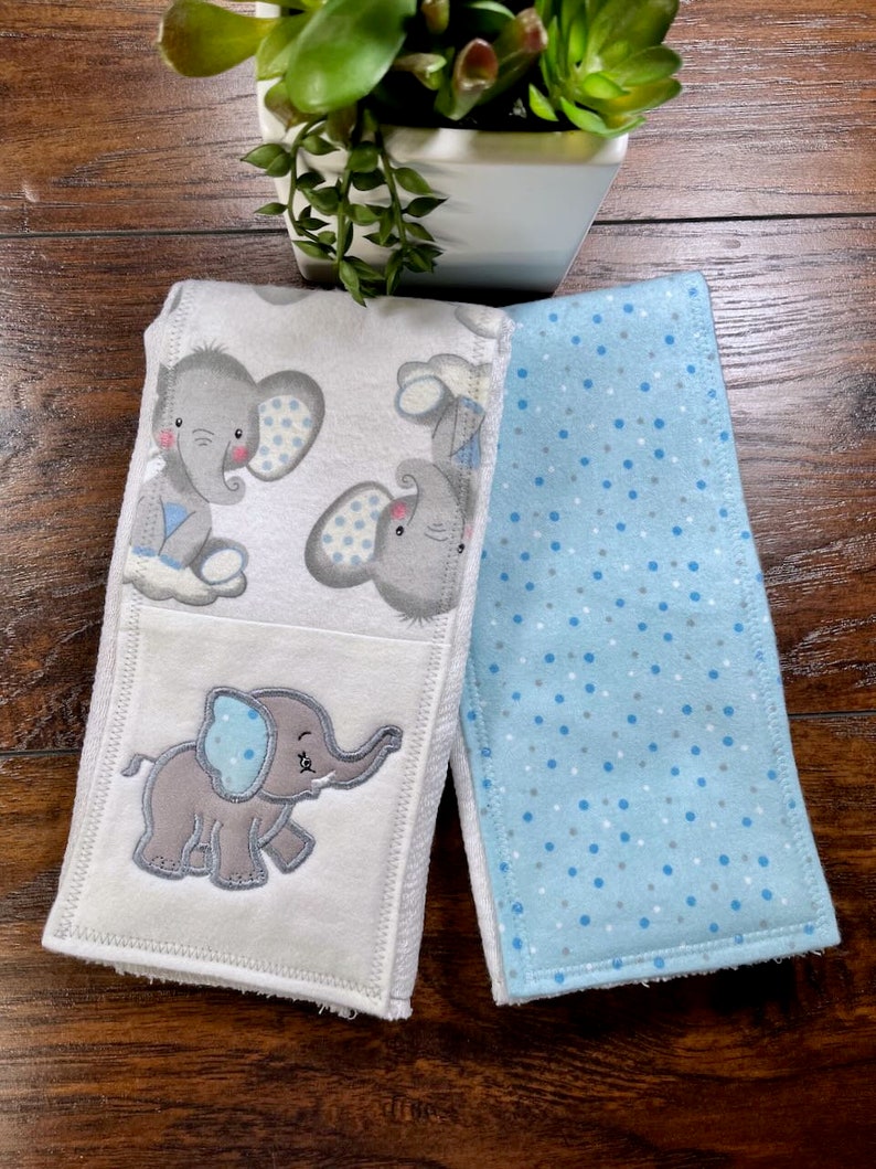 Elephant Burp Cloth Set, Baby Boy Cloth Diaper Burp Rag, Newborn Baby Necessity, Animal Nursery Decor, Baby Shower Gift, Soft Spit Towel image 2