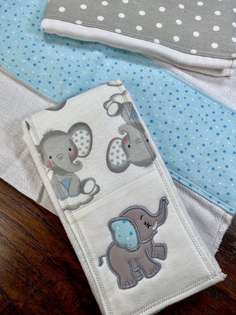 Elephant Burp Cloth Set, Baby Boy Cloth Diaper Burp Rag, Newborn Baby Necessity, Animal Nursery Decor, Baby Shower Gift, Soft Spit Towel image 7
