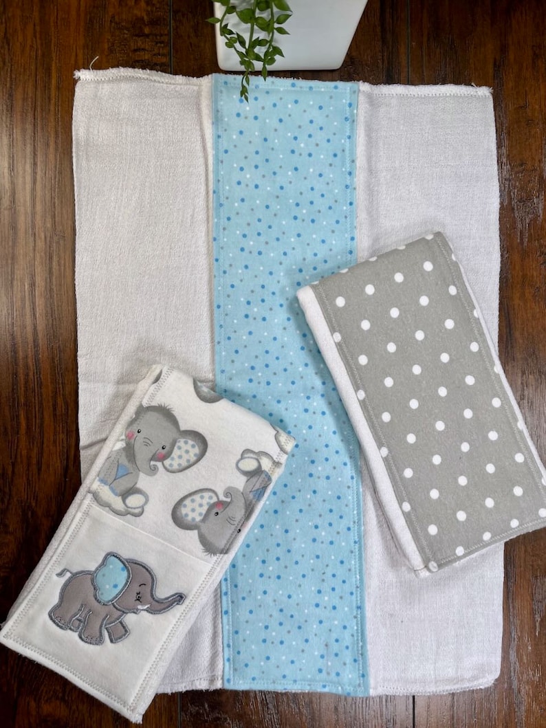 Elephant Burp Cloth Set, Baby Boy Cloth Diaper Burp Rag, Newborn Baby Necessity, Animal Nursery Decor, Baby Shower Gift, Soft Spit Towel image 9