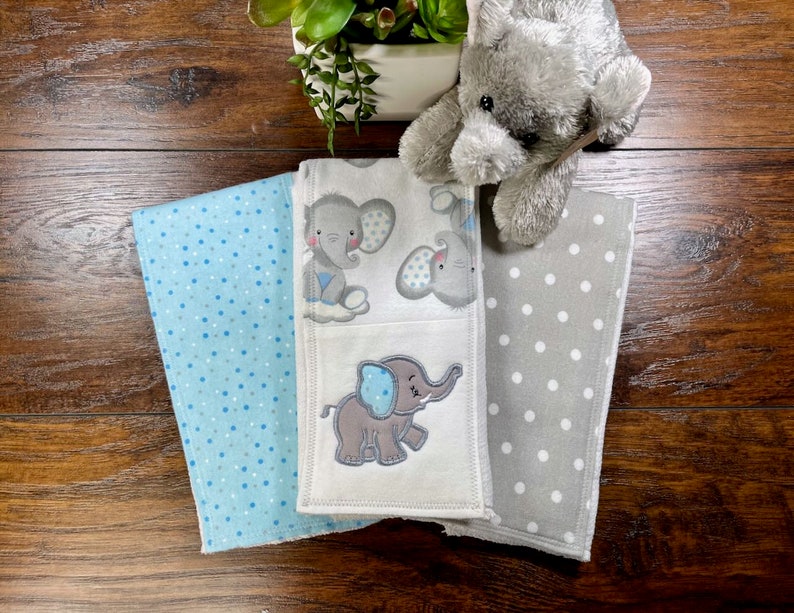 Elephant Burp Cloth Set, Baby Boy Cloth Diaper Burp Rag, Newborn Baby Necessity, Animal Nursery Decor, Baby Shower Gift, Soft Spit Towel image 10