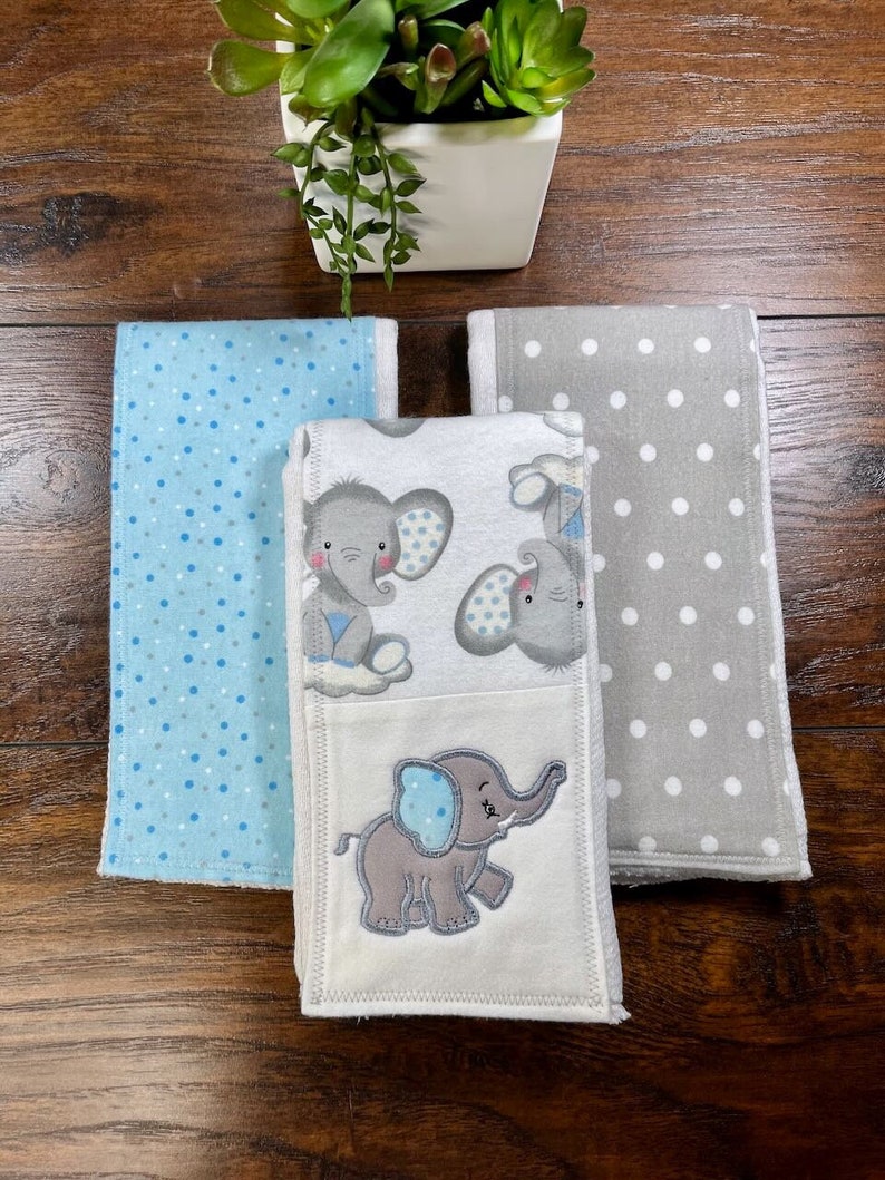 Elephant Burp Cloth Set, Baby Boy Cloth Diaper Burp Rag, Newborn Baby Necessity, Animal Nursery Decor, Baby Shower Gift, Soft Spit Towel image 1