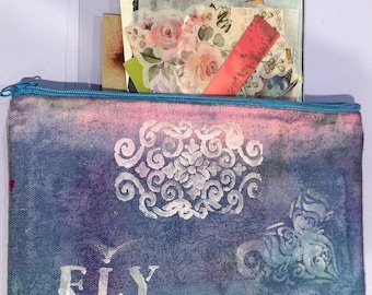 Blue Fly hand stamped painted & dyed canvas Pencil Case