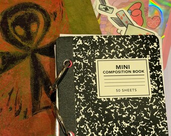 Junk Journal Mini Composition Notebook with assorted ephemera paper, sticker & custom accessories