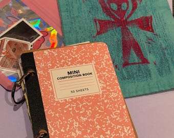 Junk Journal PINK Mini Composition Notebook with assorted ephemera paper, sticker & custom accessories
