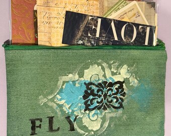 Green Fly hand stamped painted & dyed canvas Pencil Case