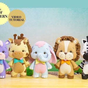 Felt Safari Baby Animals Pattern (lion, zebra, giraffe, hippopotamus and elephant) - Easy PDF Sewing DIY