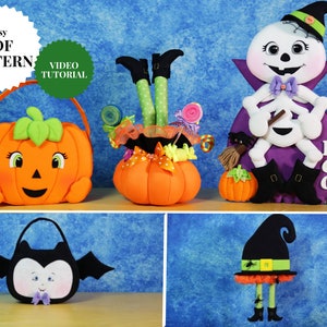 Halloween PDF Felt Pattern (Pumpkin bag, Bat Bag, Skeleton and witch hat door ornament, Pumpkin table centerpiece) - Easy PDF Sewing DIY