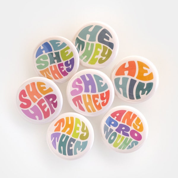 Pronoun Buttons, Colorful Retro Pronoun Pins