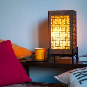 Modern contemporary rectangular table lamp that can also serve as a wooden bedside light, floor lamp, or shelf lamp