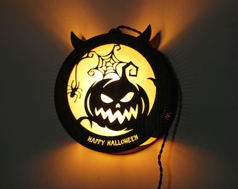 Halloween decoratie lantaarn. Binnen-, buitenmuur- en raam Halloween-decor. Jack-o-lanternt pompoenlicht. Happy Halloween verlicht teken