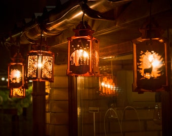 6 Porch or Patio Decoration Lanterns for String Lights in a set, Fairy lights, Wooden Pendant lights, outdoor Christmas decor