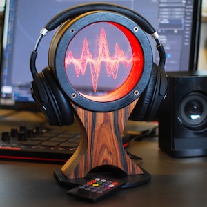 LED Headphone stand, holder, or hanger with color changing lights. A great accessory for a gaming PC or HiFi setup. A Premium Gift for him.