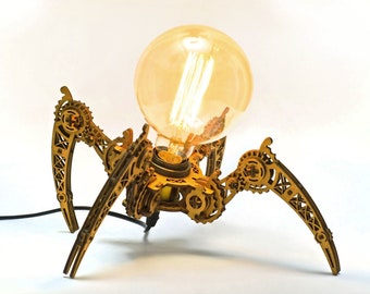 Houten spinlamp: een uniek cadeau voor hem dat natuur, mechanica en steampunk-esthetiek combineert voor op je bureau, plank of nachtkastje