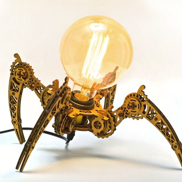 Lampe araignée en bois - un cadeau unique pour lui qui allie nature, mécanique et esthétique steampunk pour votre bureau, étagère ou table de chevet