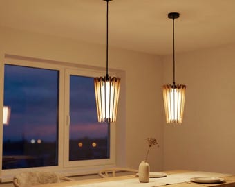 Houten hanglamp, moderne lampenkap, hedendaagse lamp, moderne plafondlamp, MCM-plafondarmatuur, hanglamp, modern uit het midden van de eeuw