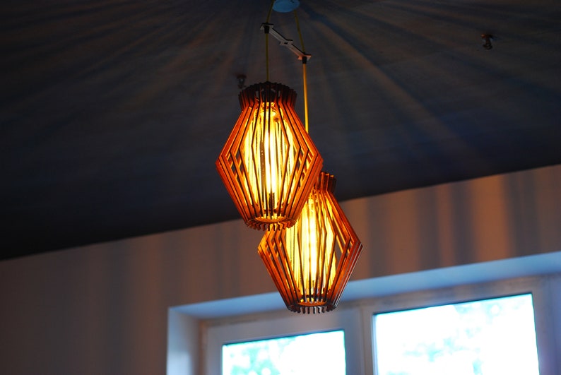 2-lamp mid century modern wooden pendant light, MCM modern hanging lamp, modern lamp shade, contemporary light fixture, unique chandelier image 7