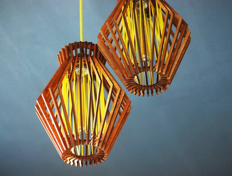 2-lamp mid century modern wooden pendant light, MCM modern hanging lamp, modern lamp shade, contemporary light fixture, unique chandelier image 5