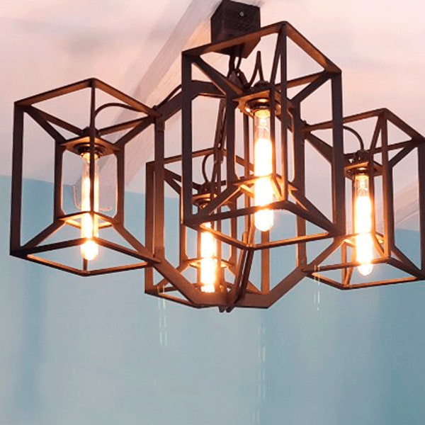 Modern farmhouse chandelier with large 4 lamp rectangle wood pendant lights. Contemporary modern cage light fixture. Scandinavian light