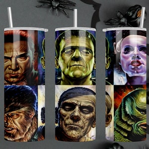 May include: Set of three stainless steel tumblers with a black and white graphic print of classic horror movie monsters. The tumblers feature images of Frankenstein's monster, the Creature from the Black Lagoon, the Wolfman, and Dracula.